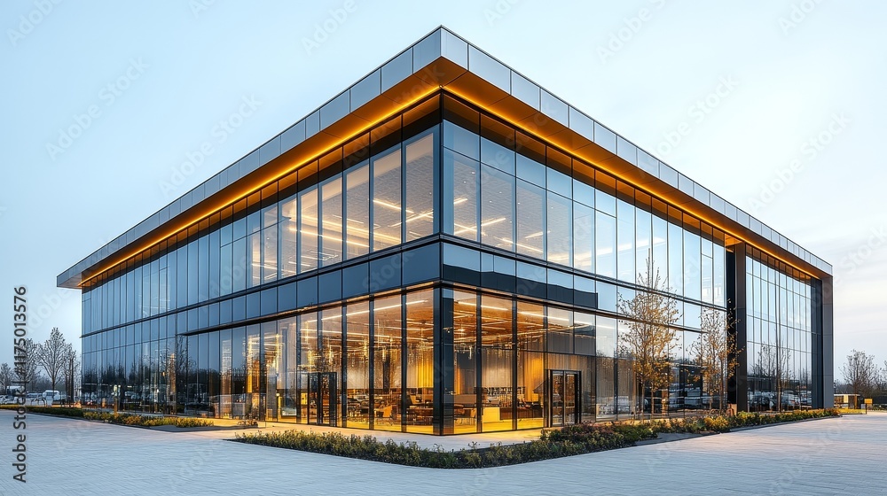 Obraz premium Modern commercial building with large glass facades and multiple entrances, surrounded by paved floors and a simple sky background, designed in a contemporary architectural style