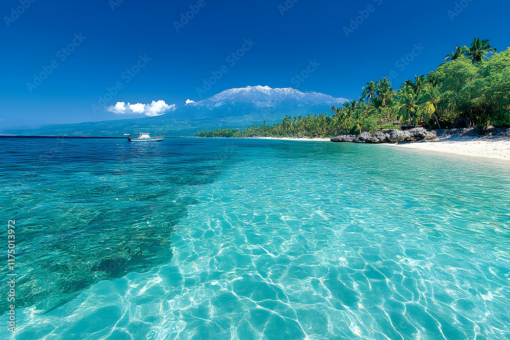 Fototapeta premium Tropical Beach Paradise: Clear Water, Palm Trees