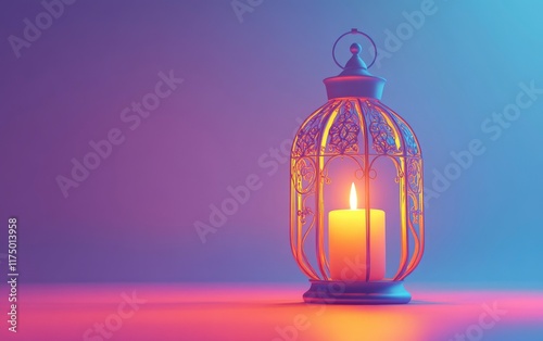 3D rendering of a beautiful Ramadan lantern with candlelight, isolated on a gradiend background. There is space for text and a blank area.  photo