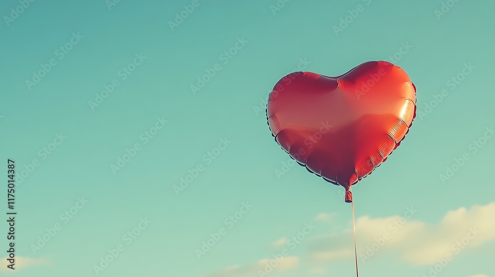 Obraz premium A solitary red heart balloon with a shimmering finish gliding effortlessly in a clear blue sky
