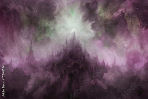 Abstract watercolor landscape, dark mystical mountains, ethereal light, dreamy atmosphere, vibrant colors, artistic expression.