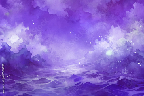 Vibrant purple watercolor, dreamy cloud formations, serene ocean waves, ethereal landscape, calming atmosphere.