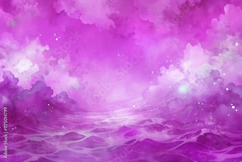 Vibrant purple watercolor, dreamy abstract clouds, serene ocean waves, artistic background, soothing color palette.