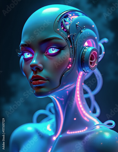 A futuristic cybernetic entity glowing with bioluminescent energy. Her body is intertwined with sleek, silver coils and soft, organic tendrils that emit a mesmerizing teal and purple glow.
