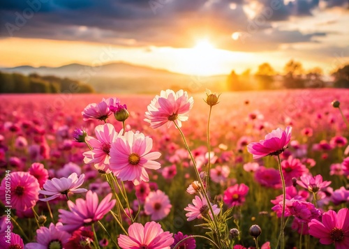 Panoramic Pink Flower Meadow   Beautiful Spring Blossom Background