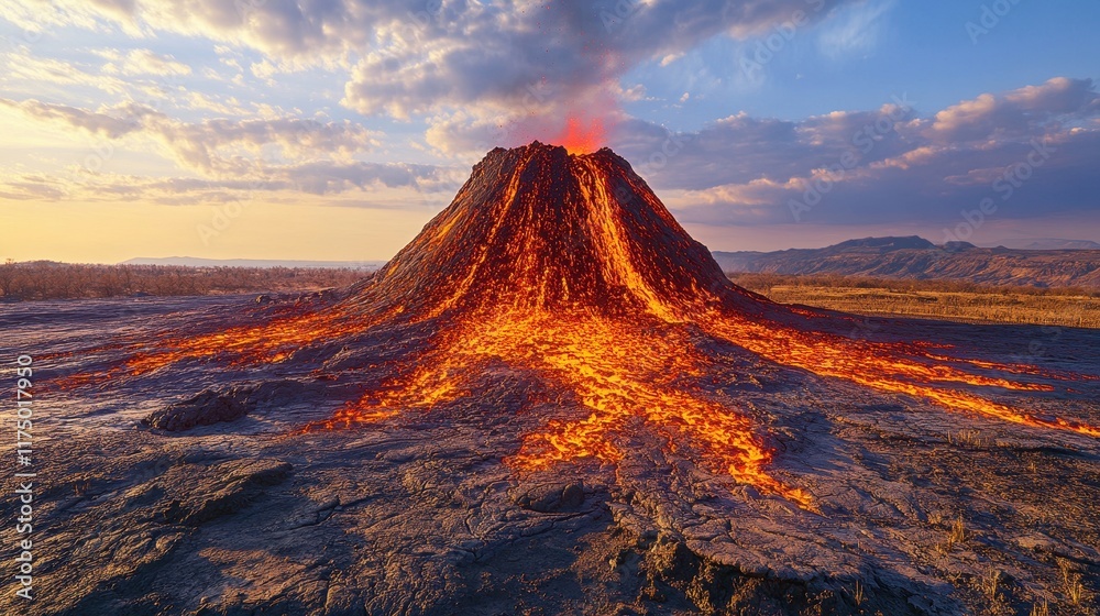 Fototapeta premium A dramatic volcano erupts with glowing lava flows against a sunset backdrop. Ideal for nature documentaries, disaster films, or educational materials.