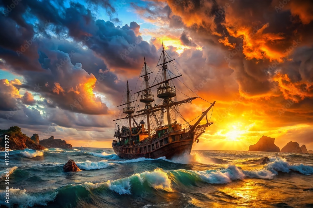 Obraz premium Panoramic Pirate Ship Background: Dramatic Ocean Scene with Sailing Vessel
