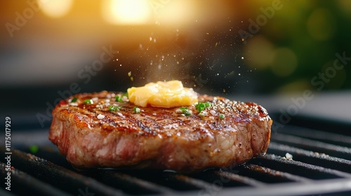 Sizzling Close Up of Juicy Meat Cooking on a Grill with Perfectly Caramelized Surface and Smoky Essence Evoking a Mouthwatering Culinary Experience photo