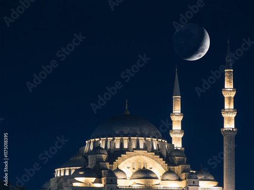 Suleymaniye Mosque with crescent moon. Islamic concept background image