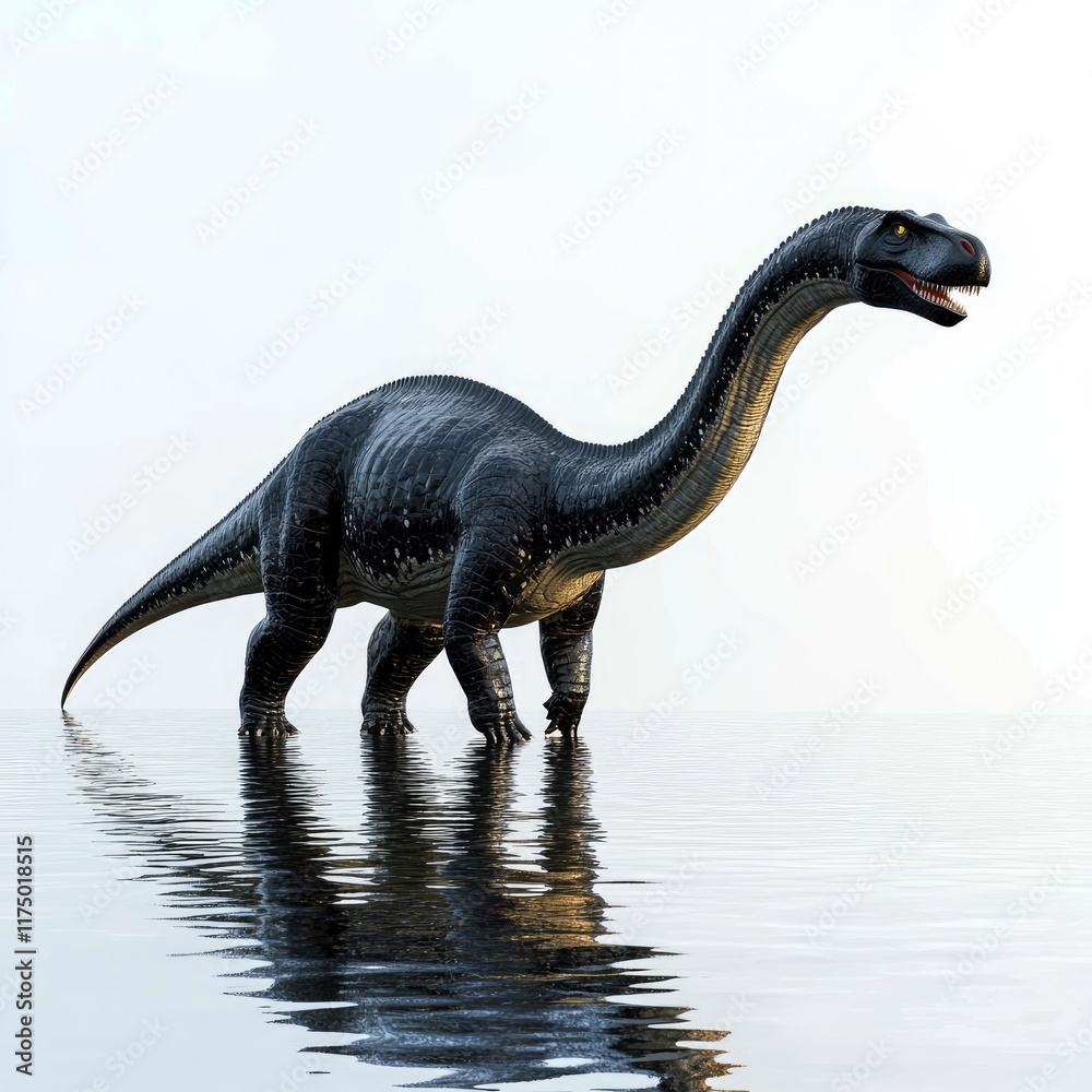 Obraz premium A digital rendering of a dinosaur standing in shallow water, showcasing its features and reflection.