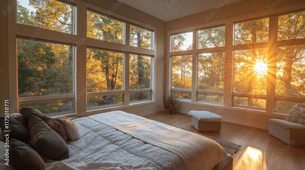 Fototapeta premium Contemporary Bedroom with Natural Light and Scenic View at Sunset