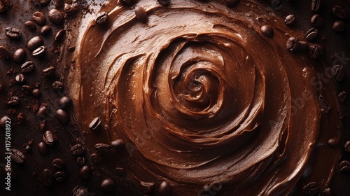 The rich swirling mocha mousse background seamlessly blends deep chocolate brown with soft coffee cream tones, creating a smooth, velvet like texture with glossy highlights photo