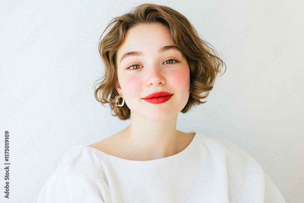 Naklejka premium confident young woman with natural makeup and casual white top