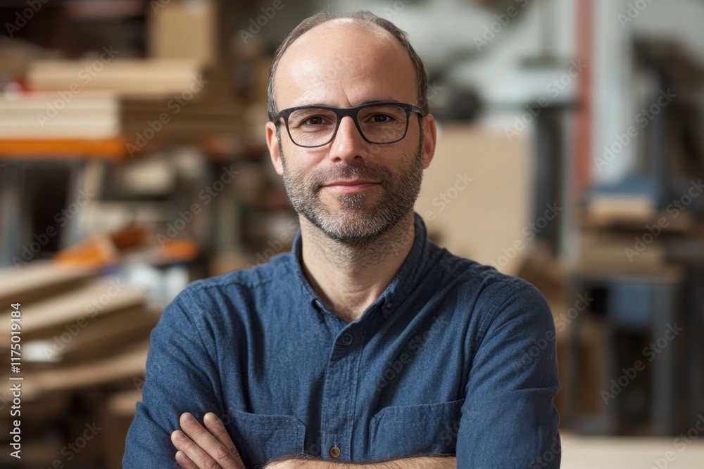 Obraz premium Smiling man with glasses, arms crossed, in workshop. Perfect for business, craftsmanship, or skilled labor concepts.