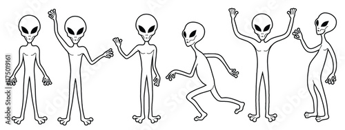 Hand drawn outline cute alien isolated white background.