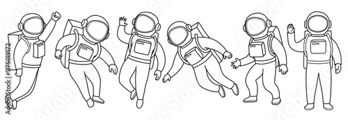 Hand drawn outline cute astronaut isolated white background.