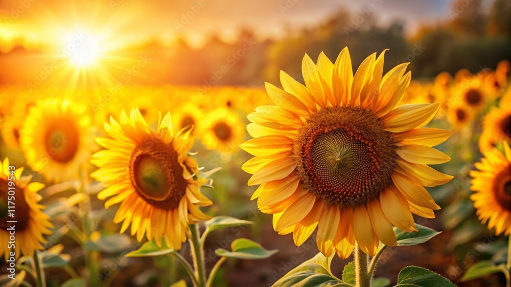 Obraz premium Golden Hour Sunflowers: Backlit Blooms, Copy Space for Text