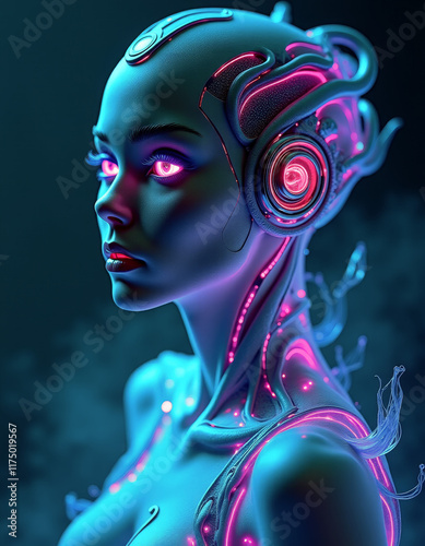 A futuristic cybernetic entity glowing with bioluminescent energy. 