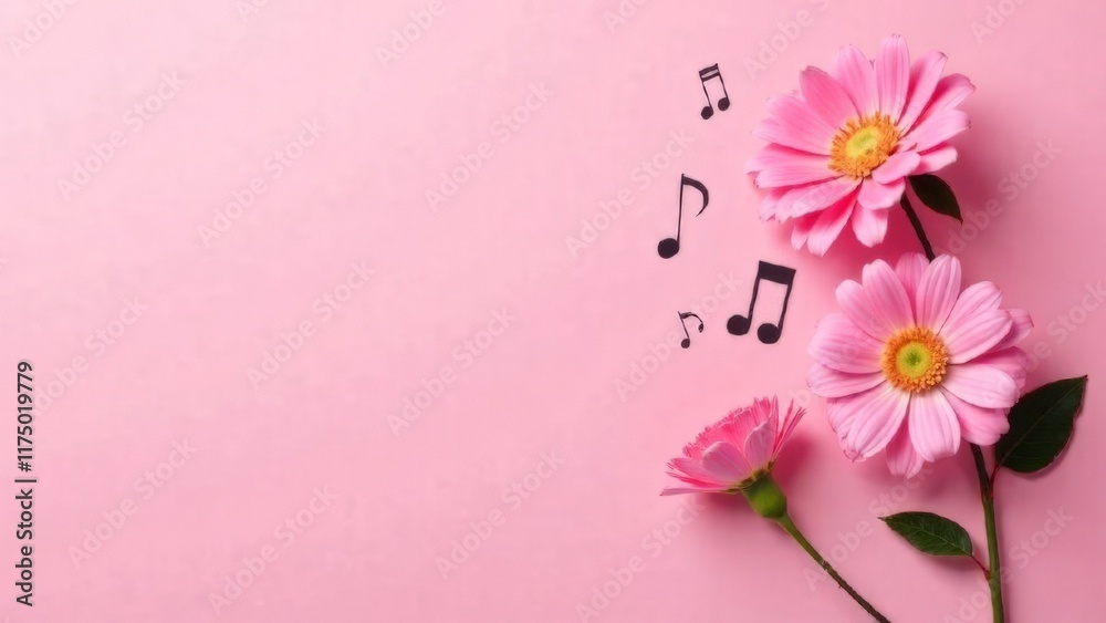 Fototapeta premium pink flowers with drawing musical notes on pink background flat lay with copy space.