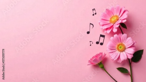 pink flowers with drawing musical notes on pink background flat lay with copy space.