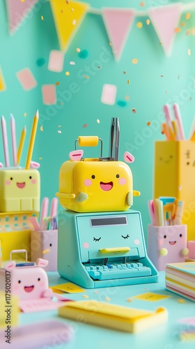 Kawaii-style cartoon stationery, happy face staplers, hole punchers, and sticky notes with tiny arms and legs, whimsical and colorful school supplies design photo