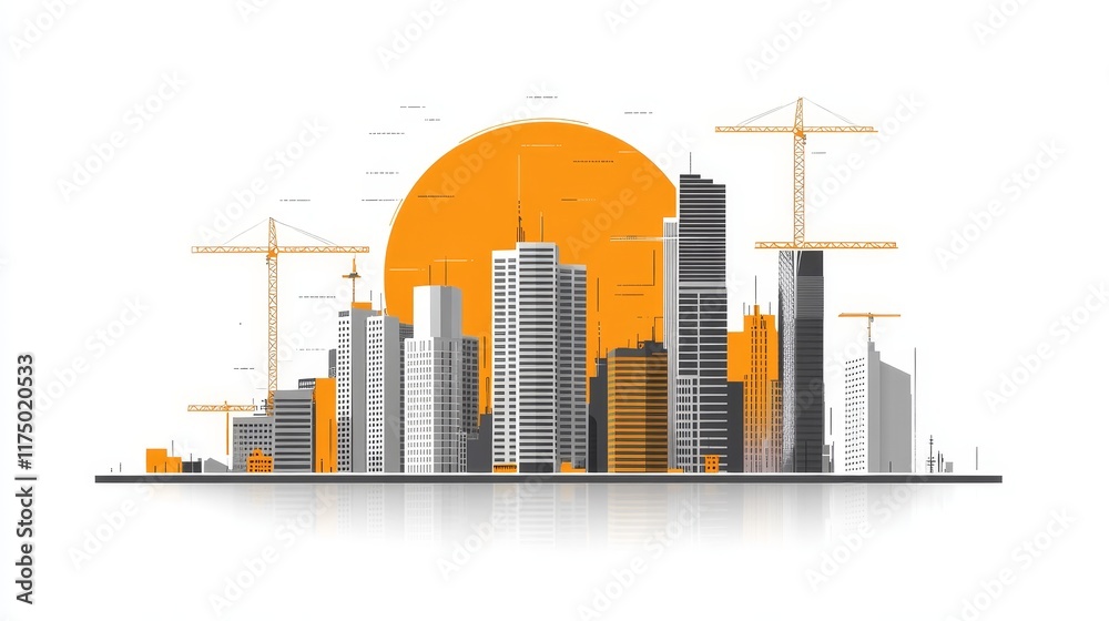 Obraz premium Modern city skyline at sunset, under construction, stylized graphic design