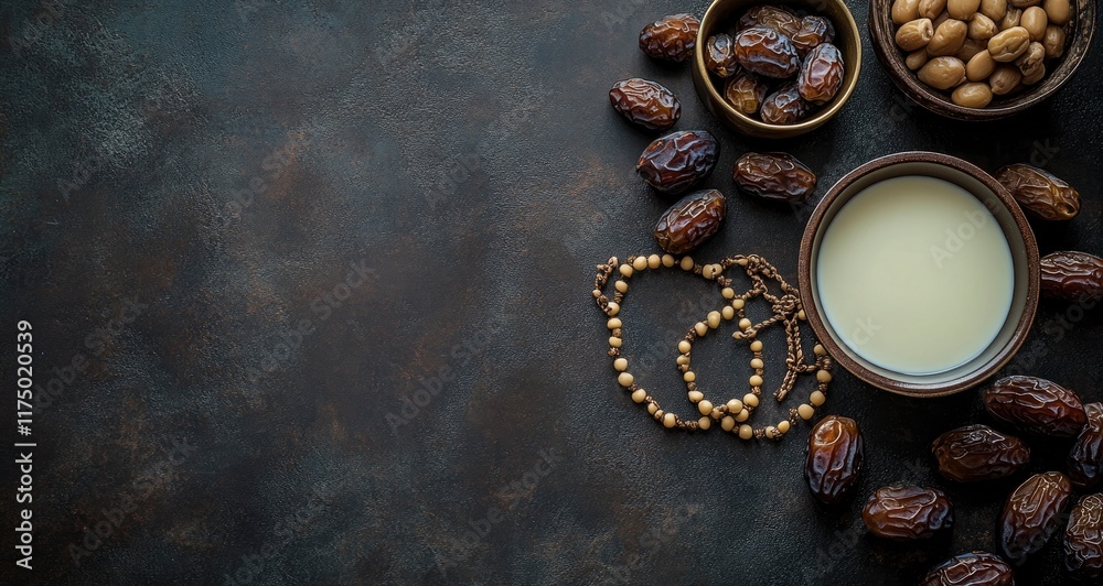 A flat lay composition featuring dates, milk, and rosary on a dark background with copy space for Ramadan text. A flat lay composition featuring dates, milk, and rosary on a dark background with copy space for Ramadan text.
