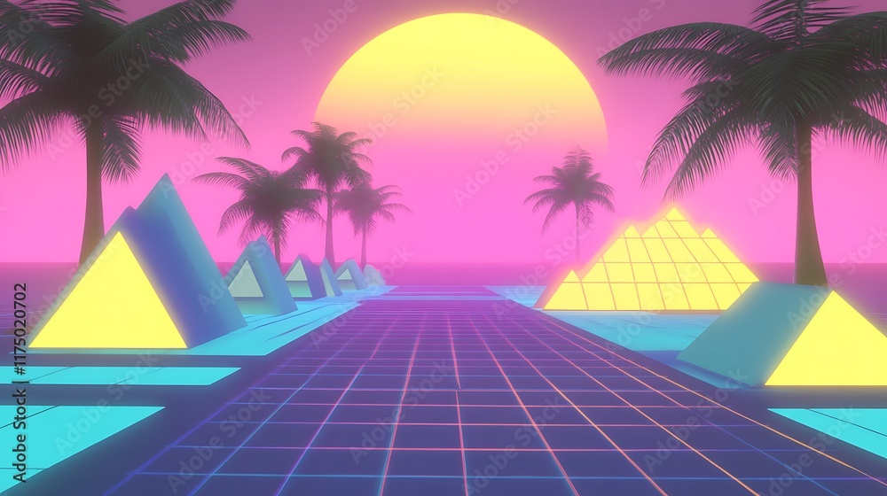 Naklejka premium Retro Futuristic Palm Tree Pyramid Sunset Landscape