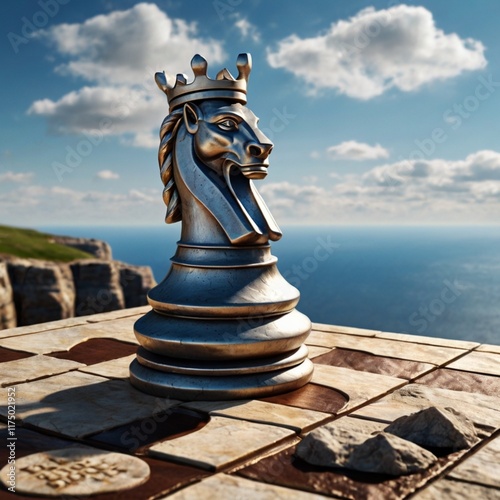 A 3D logo of a chessboard with a king on the edge of a cliff. The chessboard is made of stone and has a weathered appearance. The king is made of metal and glints in the sunlight. The background is a  photo