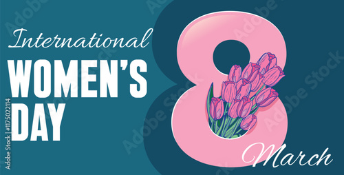 International Womens Day banner concept with Number eight and a bouquet of tulips against a pink background. 8 of March International day feminist movement and defending women rights