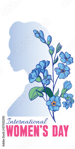 International Womens Day banner concept with silhouette of a young woman and a bouquet of blue flowers against a pink background. 8 of March day of feminist movement and defending women rights