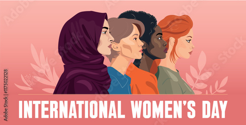 International Womens Day Banner Template. Side Silhouettes of Women of variety of ethnic races stand together. 8 of March International day feminist movement and defending women rights