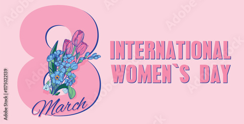 International Womens Day banner concept with Number eight and a bouquet of tulips against a pink background. 8 of March International day feminist movement and defending women rights