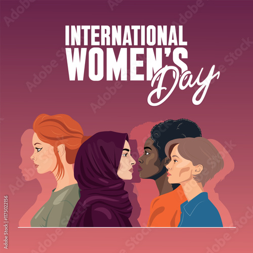 International Womens Day Banner Template. Side Silhouettes of Women of variety of ethnic races stand together. 8 of March International day feminist movement and defending women rights