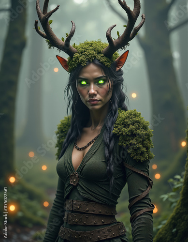 A mystical forest guardian with glowing green eyes, long braided hair covered in moss and flowers, and antlers made of twisting vines.