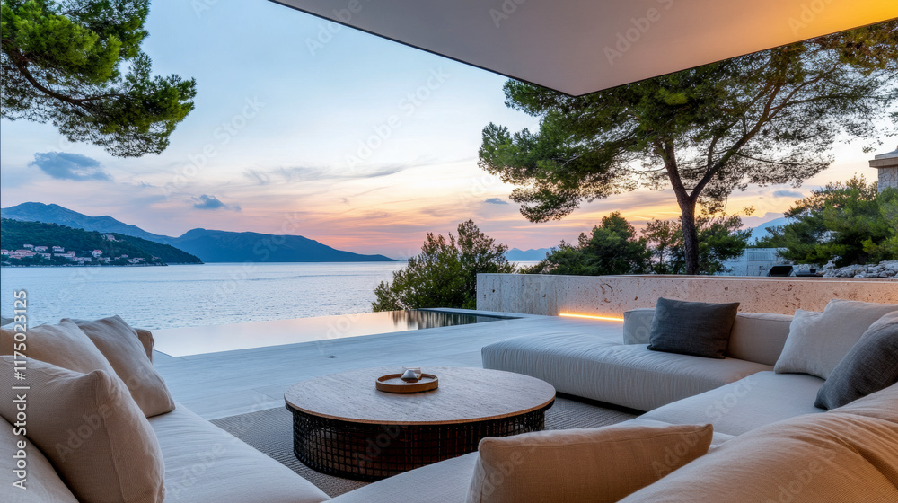 Fototapeta premium Elegant outdoor lounge area overlooking tranquil water and mountains during sunset