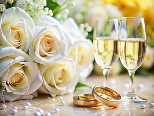 Golden Wedding Rings, White Roses, Champagne: Tilt-Shift Anniversary Photo