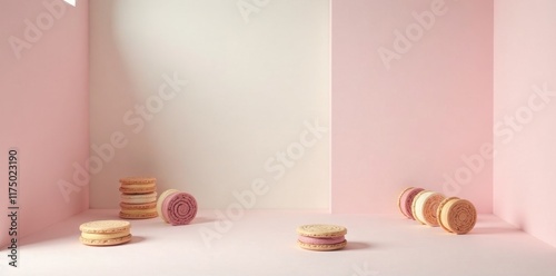 Pastel-colored cookies arranged in a minimalist corner setting with soft lighting and muted pink and off-white walls photo