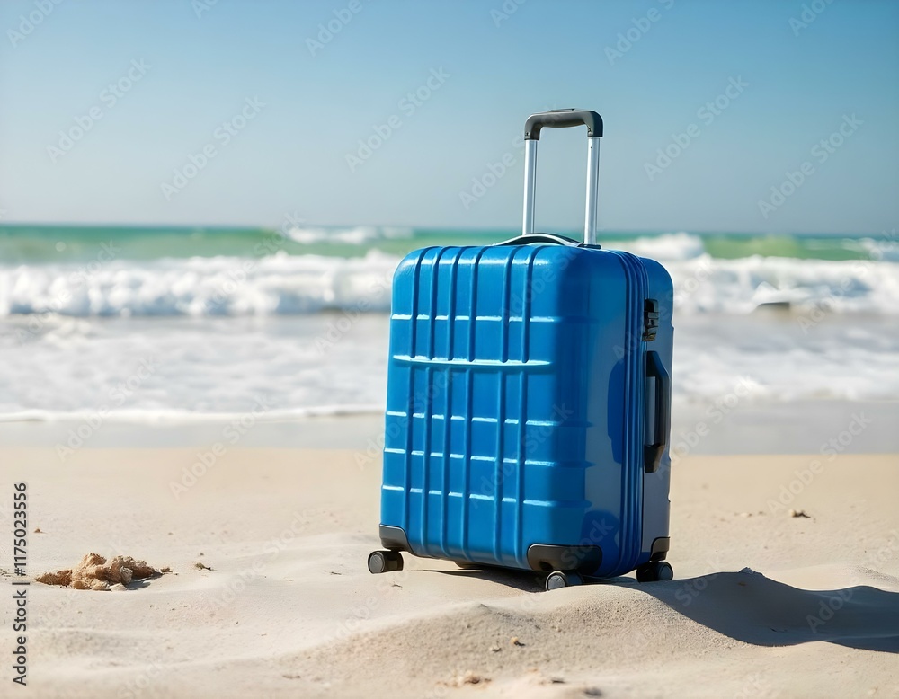 A wide-angle view captures serene beauty of a bright sunny day, with a vibrant blue suitcase on a sandy beach, the ocean waves softly in the background, evoking a sense of minimalism and modernity. A wide-angle view captures serene beauty of a bright sunny day, with a vibrant blue suitcase on a sandy beach, the ocean waves softly in the background, evoking a sense of minimalism and modernity.