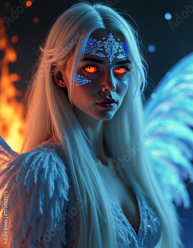 A mystical female figure with glowing red eyes, long platinum-white hair, and ethereal blue wings made of ice-like feathers.