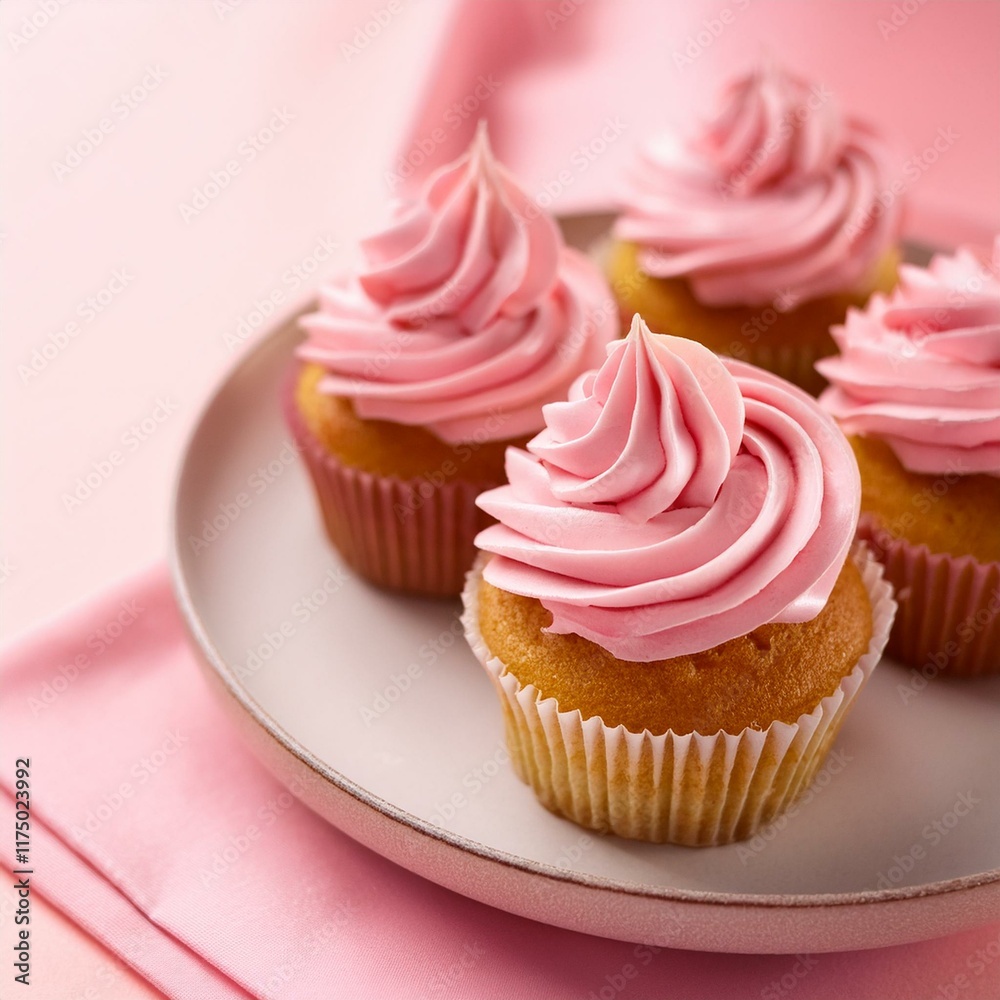 Delicious mini cupcakes with pink creamy frosting on pink background Delicious mini cupcakes with pink creamy frosting on pink background