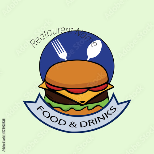 Burger factory logo. Hamburger restaurant emblem. Linear flat logo. Burger Logo Vector design template.  Design element for logo, poster, card, banner, emblem