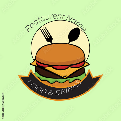 Burger factory logo. Hamburger restaurant emblem. Linear flat logo. Burger Logo Vector design template.  Design element for logo, poster, card, banner, emblem