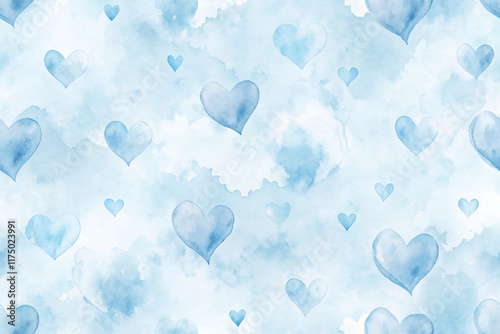 Soft blue watercolor background, heart shapes, romantic design, perfect for invitations, love themes, and decor.