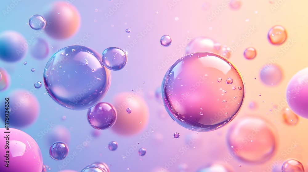 3D rendering of colorful soap bubbles in pink and blue gradient on a pastel background, with close-up macro details and a dreamy minimalist atmosphere, featuring free space for text. 3D rendering of colorful soap bubbles in pink and blue gradient on a pastel background, with close-up macro details and a dreamy minimalist atmosphere, featuring free space for text.