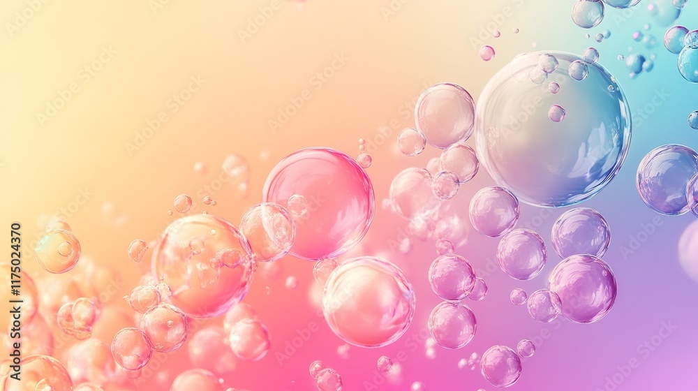 3D rendering of colorful soap bubbles in pink and blue gradient on a pastel background, with close-up macro details and a dreamy minimalist atmosphere, featuring free space for text. 3D rendering of colorful soap bubbles in pink and blue gradient on a pastel background, with close-up macro details and a dreamy minimalist atmosphere, featuring free space for text.