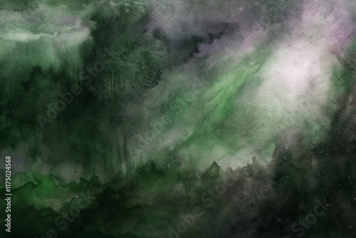 Abstract watercolor background, dark green hues, atmospheric landscape, soft textures, artistic design, nature-inspired art.