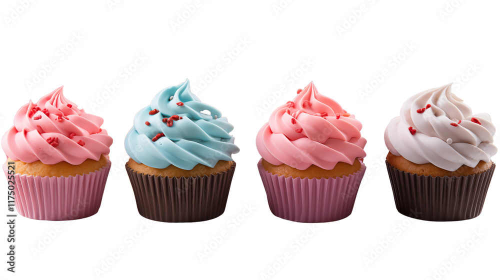Four Delicious Cupcakes with Swirled Frosting and Sprinkles, studio view, isolated on transparent background. Four Delicious Cupcakes with Swirled Frosting and Sprinkles, studio view, isolated on transparent background.