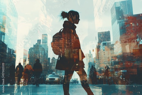 Contemporary urban woman  a creative blend of collage and double exposure in city life