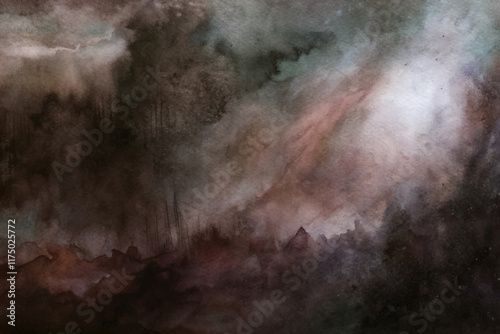 Abstract watercolor landscape, dark tones, ethereal atmosphere, soft gradients, artistic expression, moody scenery.